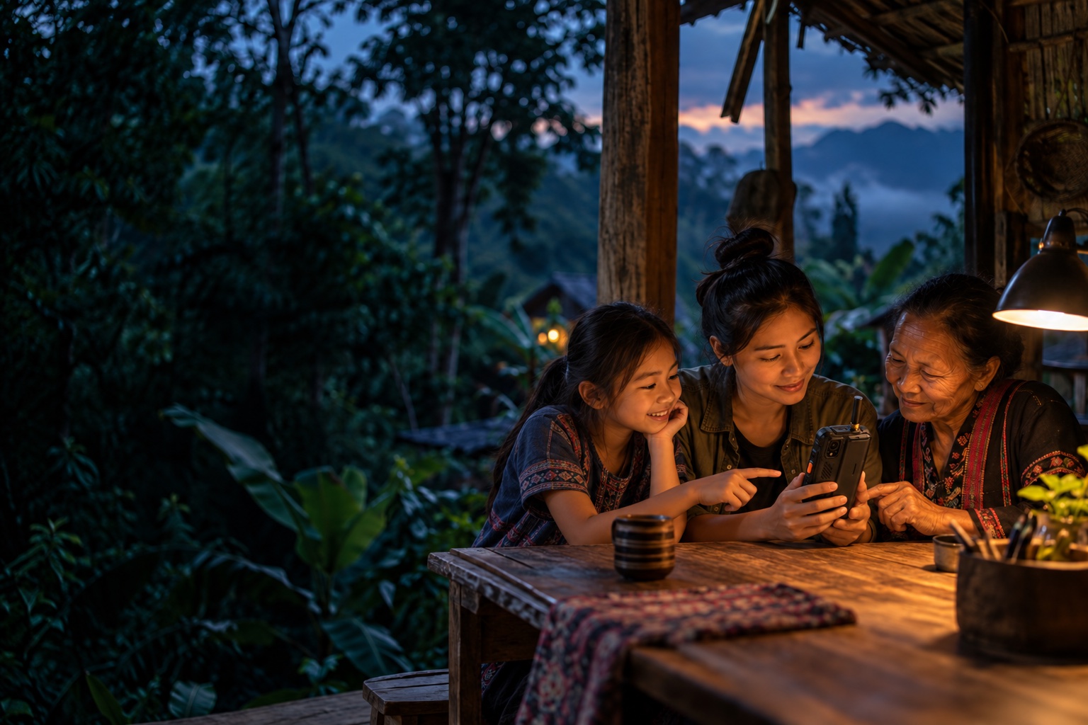AI illustration of a child and two adults exploring a SAGE Lantern together in an open-air workshop at dusk